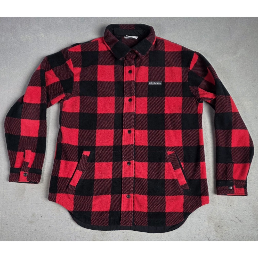 Columbia Buffalo Plaid Fleece Jacket Red Black Button Up Shacket Women's MEDIUM